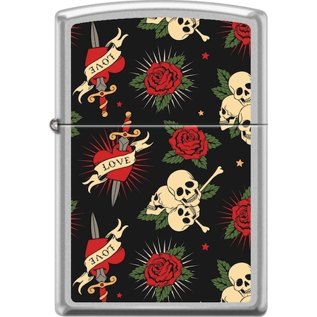 Zippo 2024 Zippo Custom Satin Chrome Roses Hearts Skulls ZIP-207CI018416